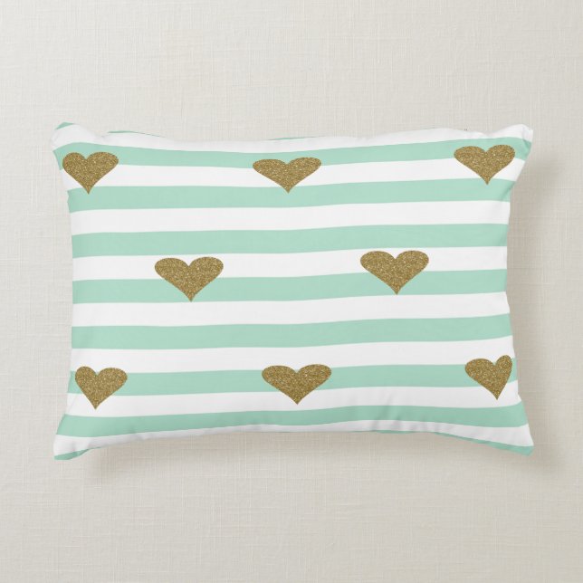 Chic Faux Gold Glittery Hearts Mint Green  Stripes Accent Pillow (Front)
