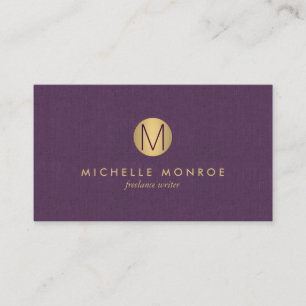 Chic Faux Gold Minimalist Monogram Purple Linen Business Card