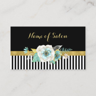 Chic Faux Gold Mint Flowers Black Stripes Salon Business Card