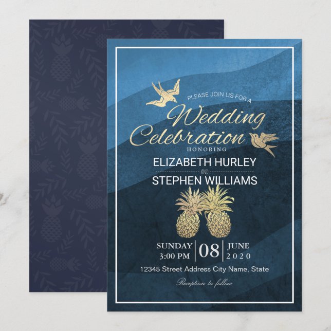 Chic Faux Gold Pineapple Couple Blue Wave Wedding  Invitation (Front/Back)