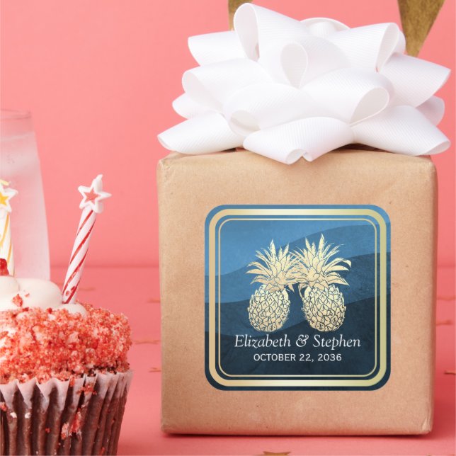 Chic Faux Gold Pineapple Couple Blue Wave Wedding Square Sticker (Party)