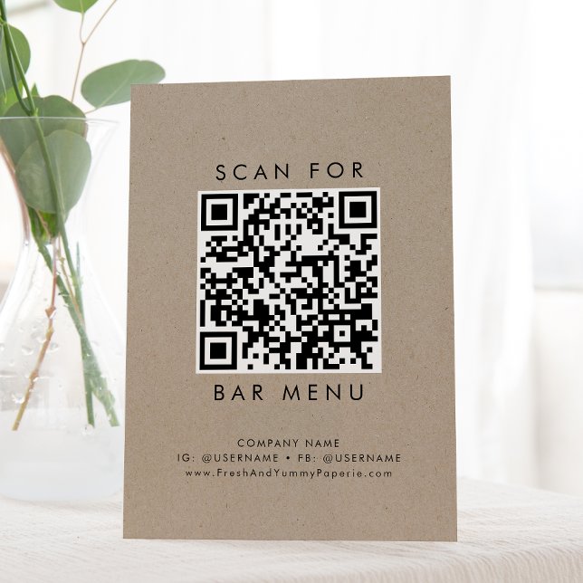 Chic Faux Kraft Typography Bar Menu QR Code Pedestal Sign (Creator Uploaded)