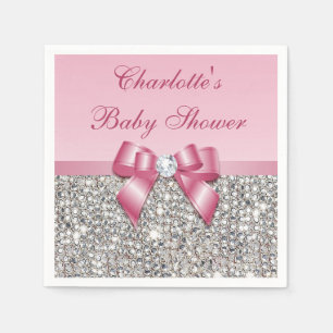 Chic Faux Pink Bow Silver Sequins Baby Shower Napkin