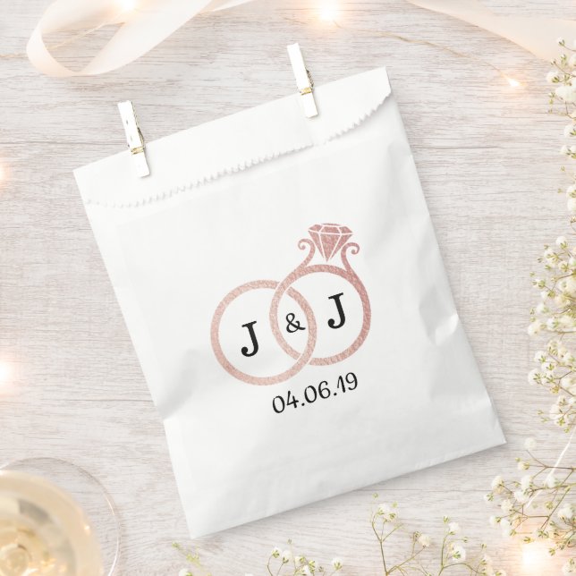 Chic Faux Rose Gold Foil Monogram Wedding Rings Favour Bag (Clipped)