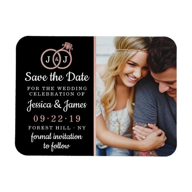 Chic Faux Rose Gold Foil Monogram Wedding Rings Magnet (Horizontal)