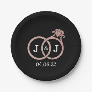 Chic Faux Rose Gold Foil Monogram Wedding Rings Paper Plate