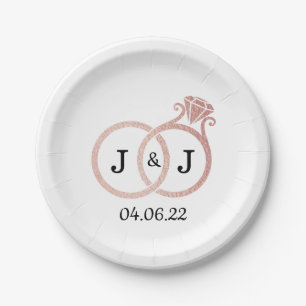 Chic Faux Rose Gold Foil Monogram Wedding Rings Paper Plate