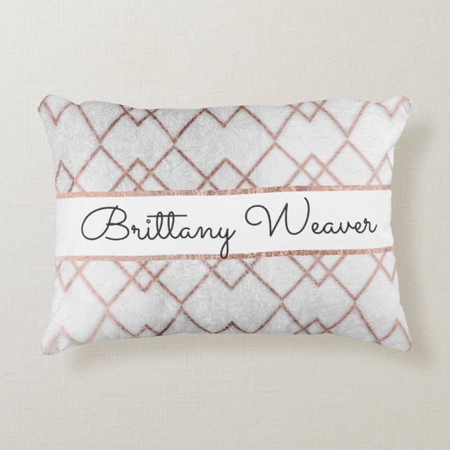 Chic Faux Rose Gold Geometric Triangles Monogram Accent Pillow (Front)