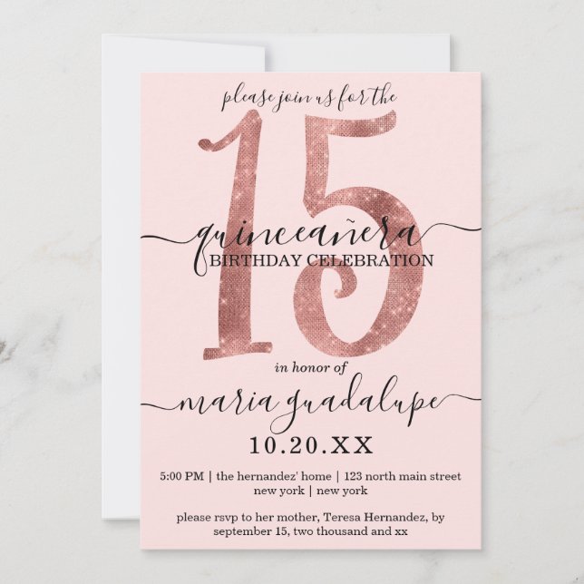 Chic Faux Rose Gold Glitter Blush Pink Quinceañera Invitation (Front)