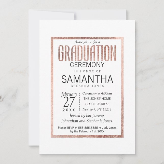 Chic Faux Rose Gold Graduation Ceremony Invitation (Front)
