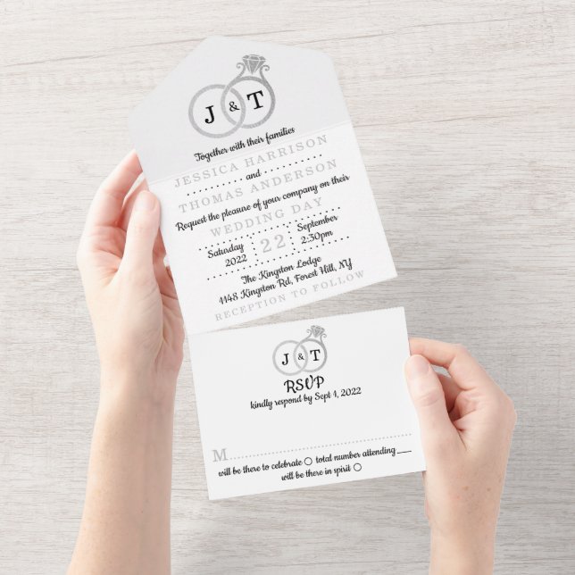 Chic Faux Silver Foil Monogram Wedding Rings All In One Invitation (Tearaway)