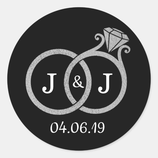 Chic Faux Silver Foil Monogram Wedding Rings Classic Round Sticker (Front)