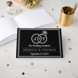 Chic Faux Silver Foil Monogram Wedding Rings Guest Book