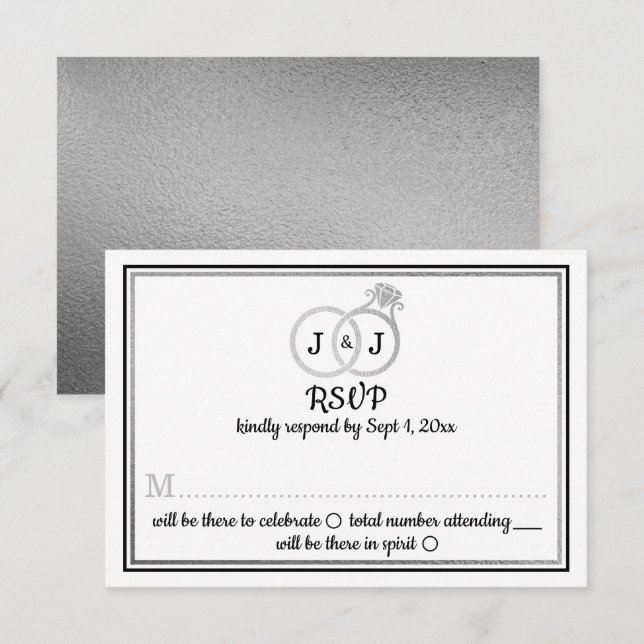 Chic Faux Silver Foil Monogram Wedding Rings Invitation (Front/Back)
