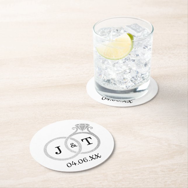 Chic Faux Silver Foil Monogram Wedding Rings Round Paper Coaster (Insitu)