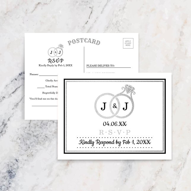 Chic Faux Silver Foil Monogram Wedding Rings RSVP Invitation Postcard (Creator Uploaded)