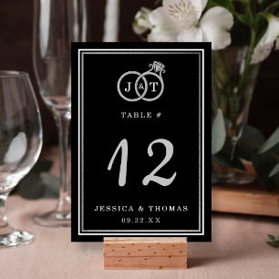 Chic Faux Silver Foil Monogram Wedding Rings Table Number