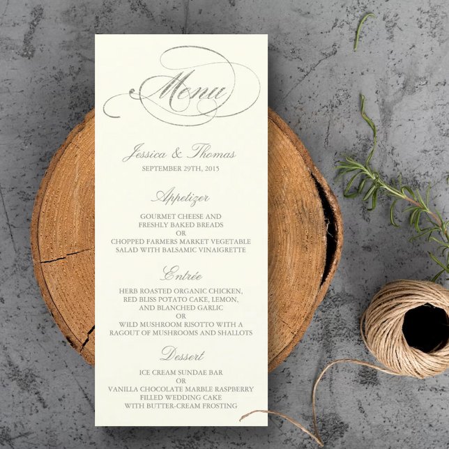 Chic Faux Silver Foil Wedding Menu Template- Ivory (Creator Uploaded)