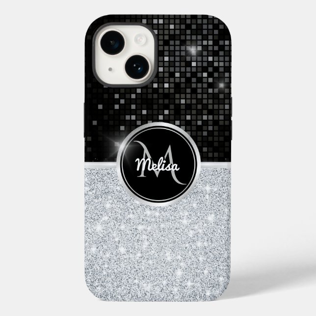 Chic faux Silver Glitter Black Glitter Monogram  Case-Mate iPhone Case (Back)