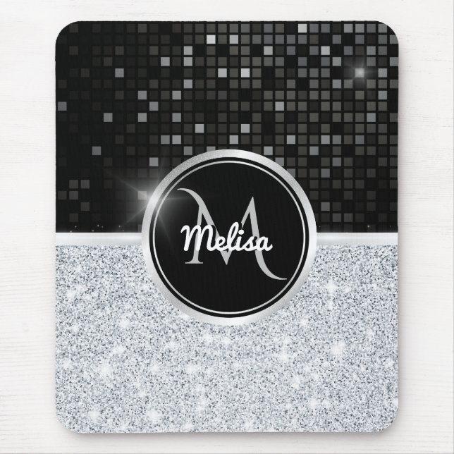 Chic faux Silver Glitter Black Glitter Monogram  Mouse Pad (Front)