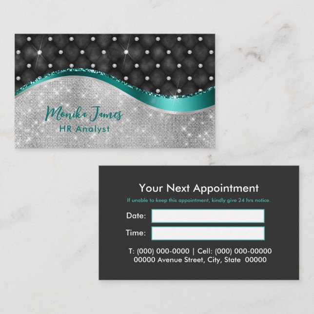 Chic Faux Silver Glitter Black Teal Monogram Appointment Card (Front/Back)