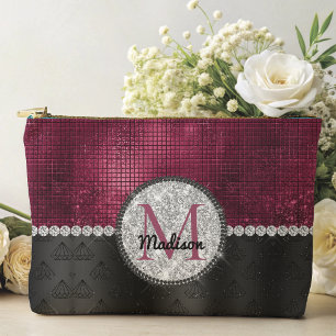 Chic faux Silver Glitter Burgundy Black monogram Accessory Pouch