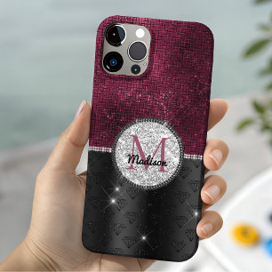Chic faux Silver Glitter Burgundy Black monogram iPhone 13 Case