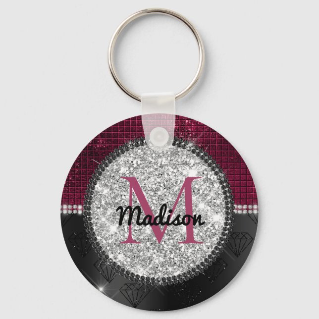 Chic faux Silver Glitter Burgundy Black monogram Keychain (Front)