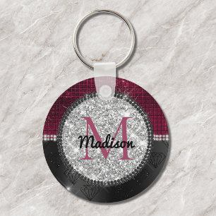 Chic faux Silver Glitter Burgundy Black monogram Keychain