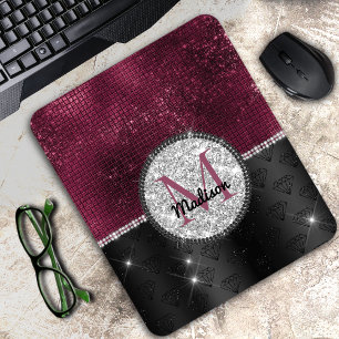 Chic faux Silver Glitter Burgundy Black monogram Mouse Pad