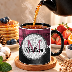 Chic faux Silver Glitter Burgundy Black monogram Mug