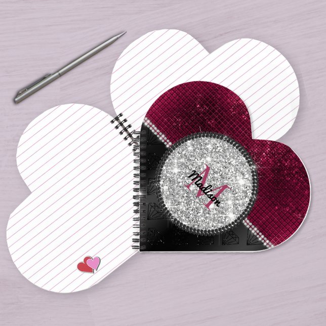 Chic faux Silver Glitter Burgundy Black monogram N Notebook (Creator Uploaded)