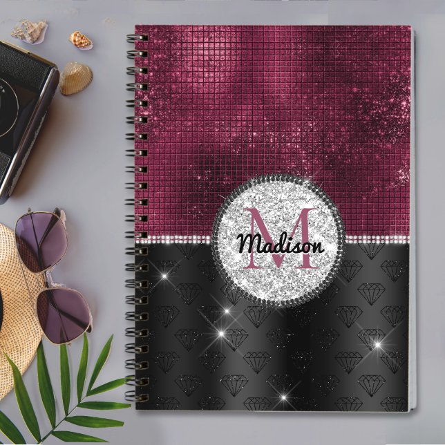 Chic faux Silver Glitter Burgundy Black monogram Notebook (Creator Uploaded)