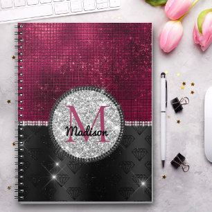 Chic faux Silver Glitter Burgundy Black monogram Notebook