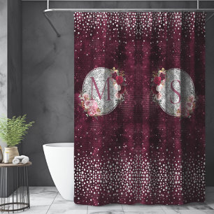 Chic faux Silver Glitter Burgundy Floral monogram