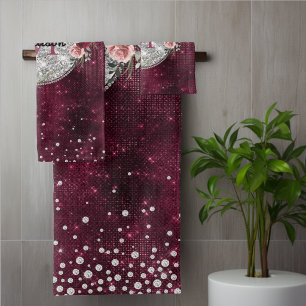 Chic faux Silver Glitter Burgundy Floral monogram Bath Towel Set