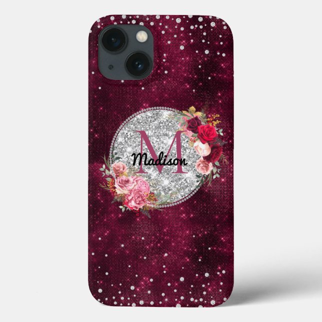 Chic faux Silver Glitter Burgundy Floral monogram Case-Mate iPhone Case (Back)