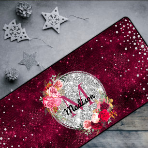 Chic faux Silver Glitter Burgundy Floral monogram Desk Mat