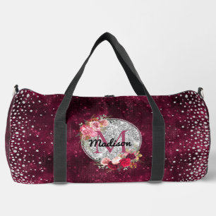 Chic faux Silver Glitter Burgundy Floral monogram Duffle Bag