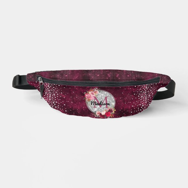 Chic faux Silver Glitter Burgundy Floral monogram Fanny Pack (Front)
