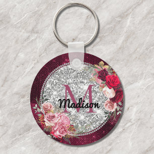 Chic faux Silver Glitter Burgundy Floral monogram Keychain