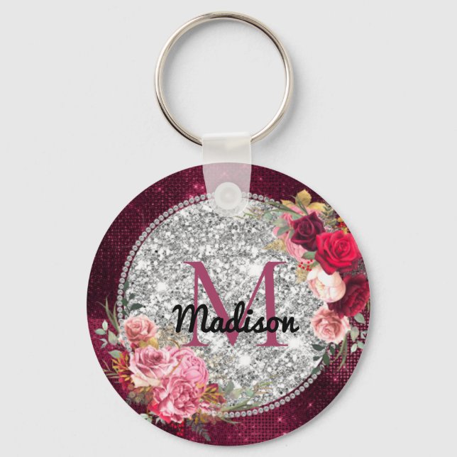 Chic faux Silver Glitter Burgundy Floral monogram Keychain (Front)