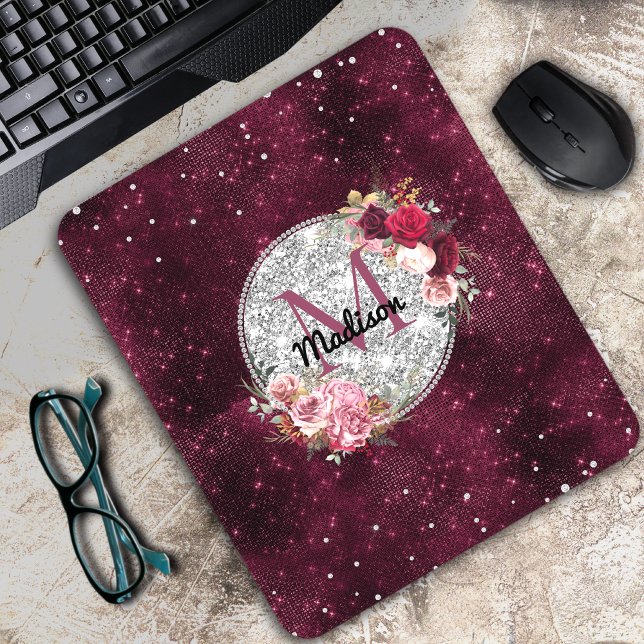 Chic faux Silver Glitter Burgundy Floral monogram Mouse Pad (Creator Uploaded)