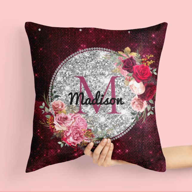 Chic faux Silver Glitter Burgundy Floral monogram Throw Pillow (Creator Uploaded)