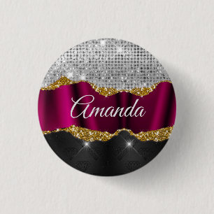 Chic faux silver glitter Fuchsia black monogram 1 Inch Round Button
