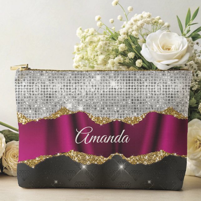 Chic faux silver glitter Fuchsia black monogram Accessory Pouch (Creator Uploaded)
