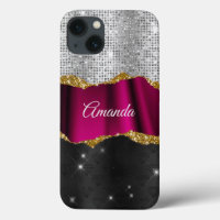 Chic faux silver glitter Fuchsia black monogram