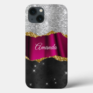 Chic faux silver glitter Fuchsia black monogram iPhone 13 Case