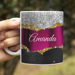 Chic faux silver glitter Fuchsia black monogram Coffee Mug