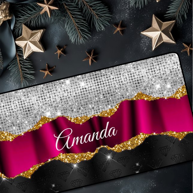 Chic faux silver glitter Fuchsia black monogram Desk Mat (Creator Uploaded)